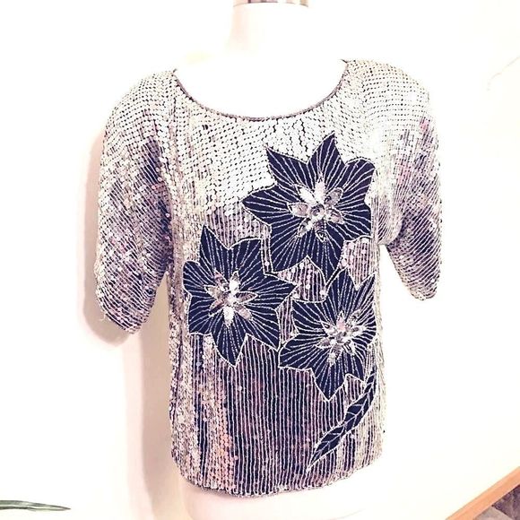 Vintage 100% silk blouse sequins and beads - Picture 1 of 6